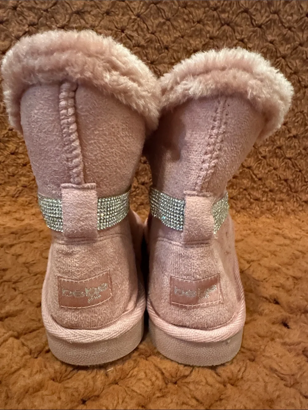 Bebe Pink Faux Fur Crystal Strap Cozy Boots